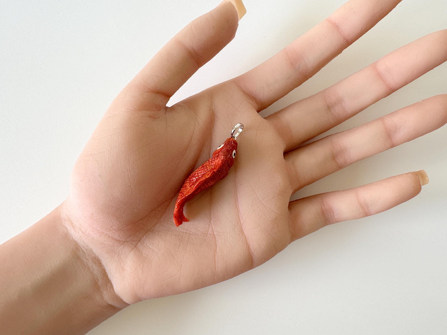 Natural Sponge Coral Carp Carving Pendant, 40mm, Apple Coral Fish Carving, Silver Bail (Rhodium plated)