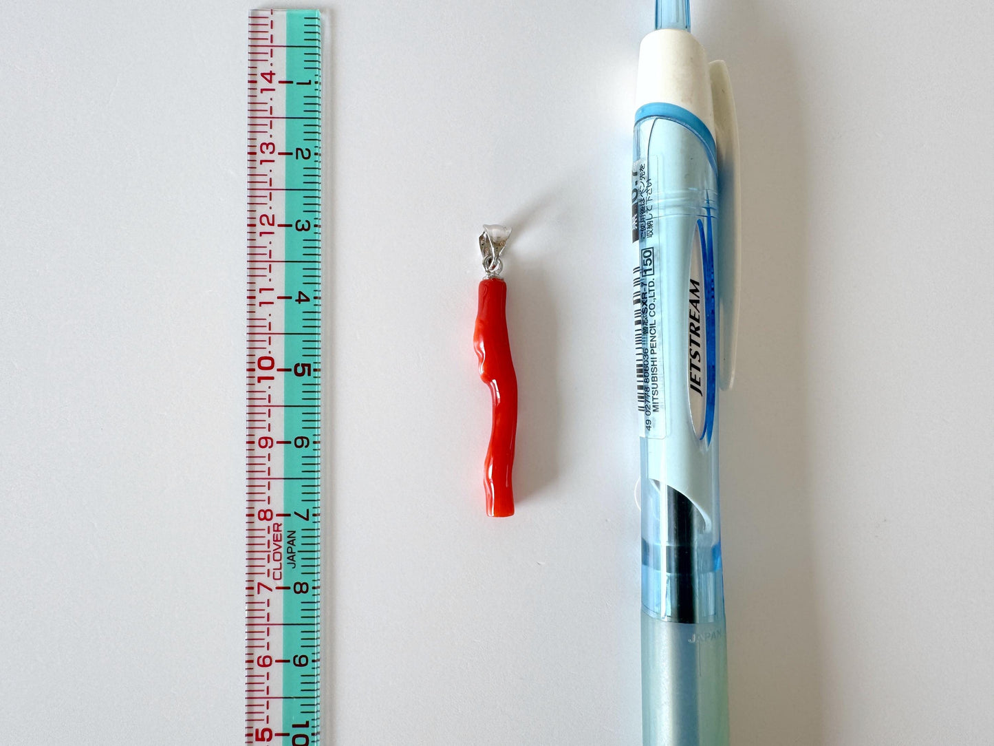 Natural Red (Aka) Coral Branch Pendant, Natural Color Japanese Coral, Length 31mm, Silver bail (rhodium plated)