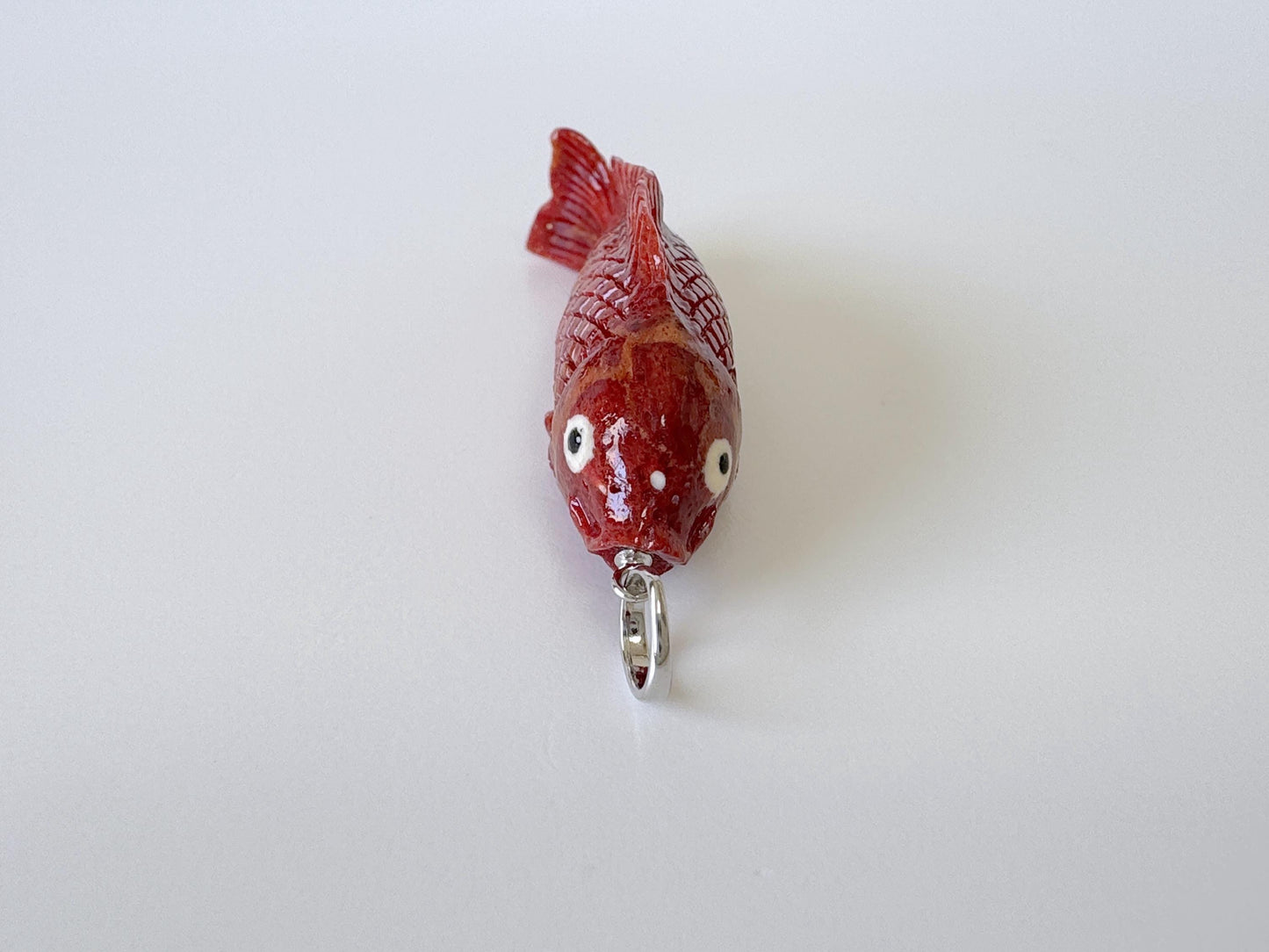 Natural Sponge Coral Carp Carving Pendant, 50mm, Apple Coral Fish Carving, Silver Bail (Rhodium plated)