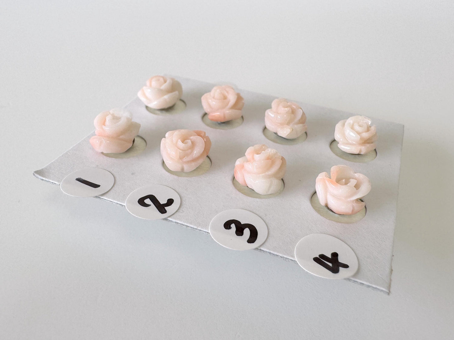 Hand-Carved Coral Rose Stud Earrings: Titanium Posts, Pink & White