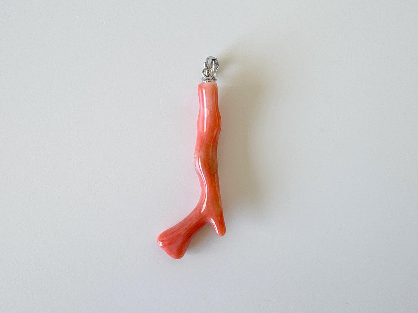 Natural Deep Sea Coral Branch Pendant, 45mm, Natural Orange/Pink color coral branch pendant, Silver (Rhodium-Plated) bail