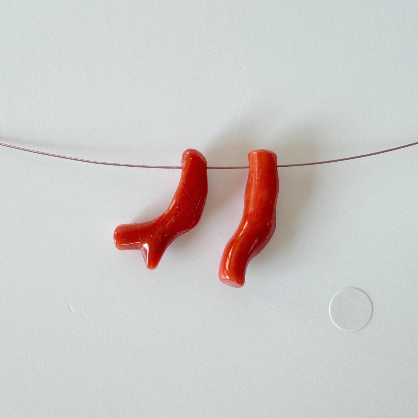 Japanese red(Aka) coral branch set for 2pcs, 23-24mm, side full hole, natural red color coral for jewelry making
