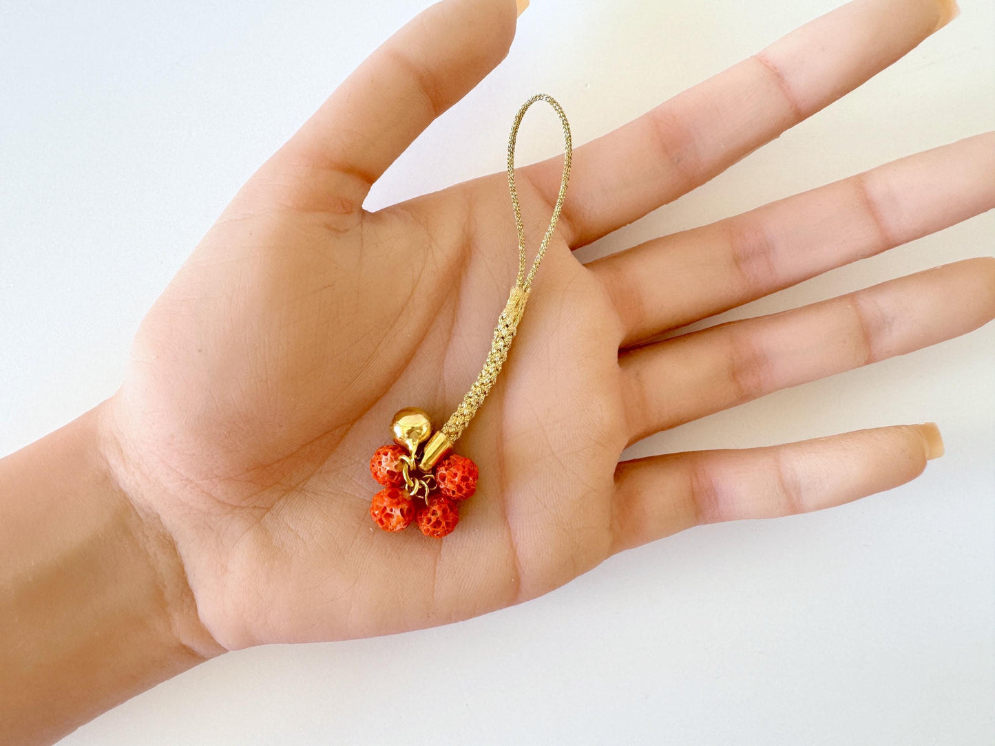 Lucky charm, Natural Aka (red) coral key strap, Netsuke strap, Natural color precious coral