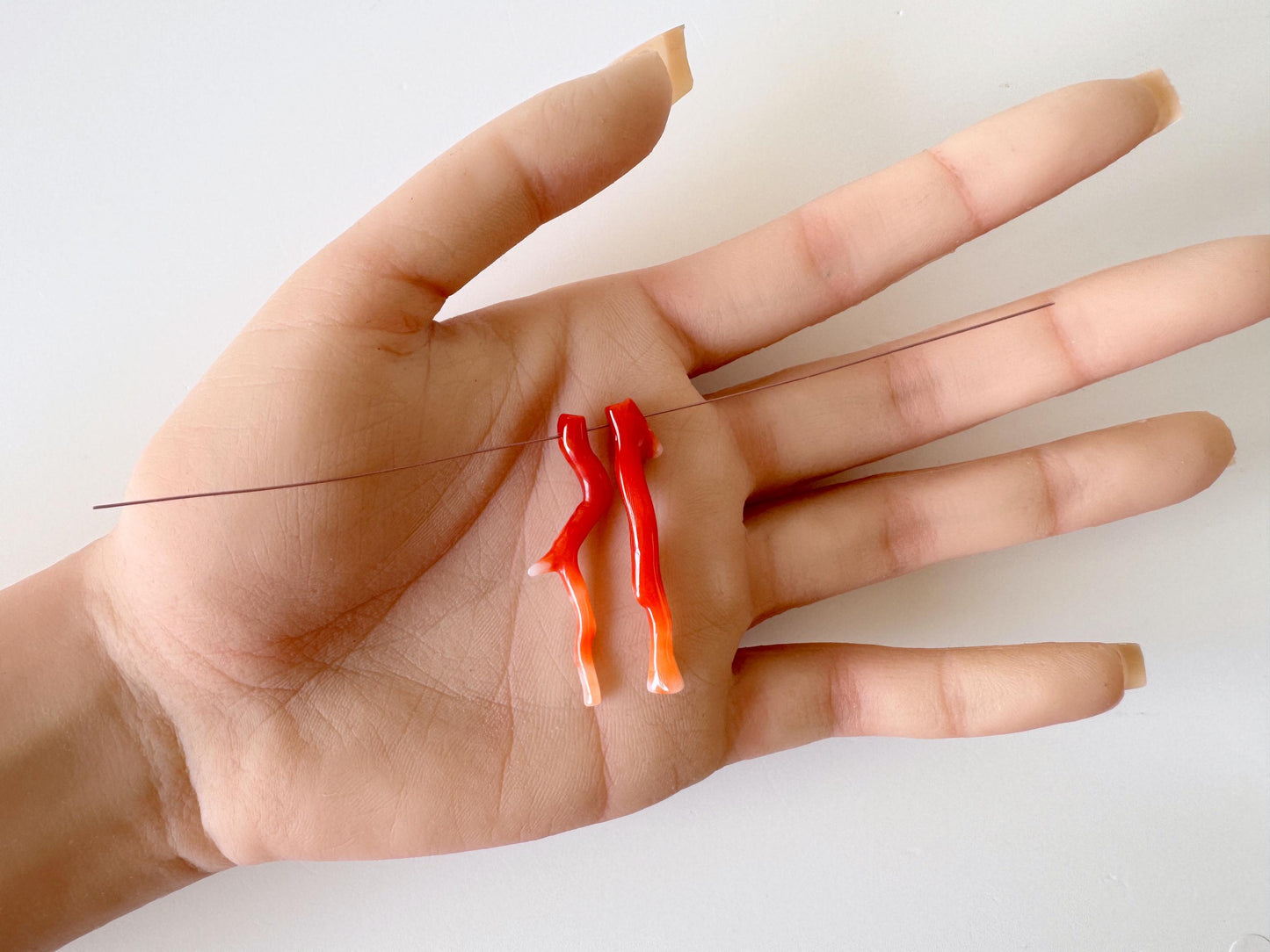 Japanese red(Aka) coral branch set for 2pcs, 40mm, side full hole, natural red color coral for jewelry making
