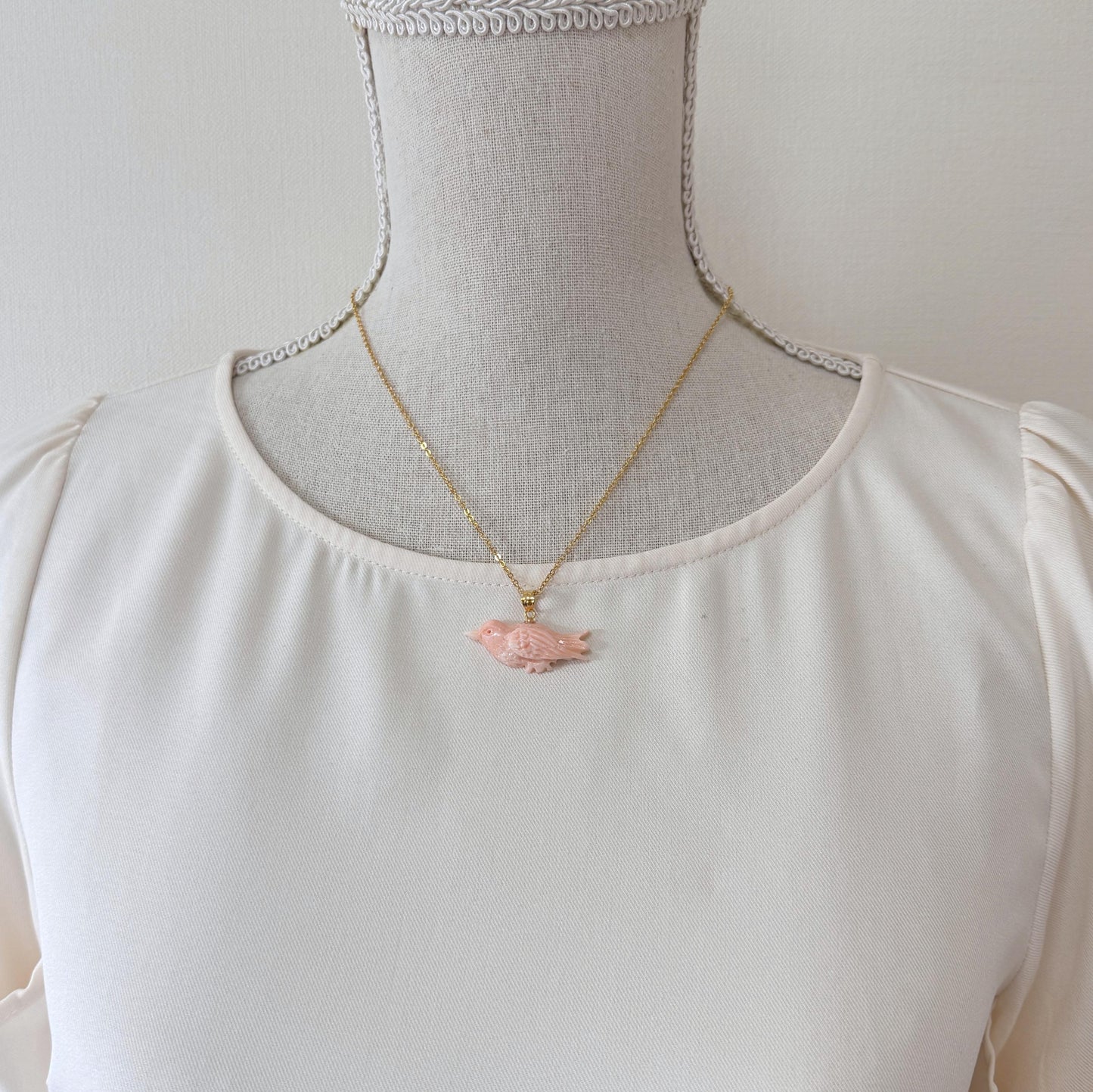 Carved Coral Bird Pendant Natural Jewelry, Pink Deep Sea Coral (35x13.8mm, Gold-plated Silver Bail, Hand Carved)