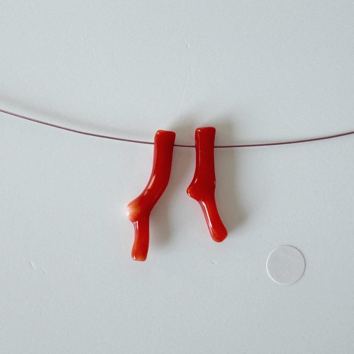 Japanese red(Aka) coral branch set for 2pcs, 22-25mm, side full hole, natural red color coral for jewelry making