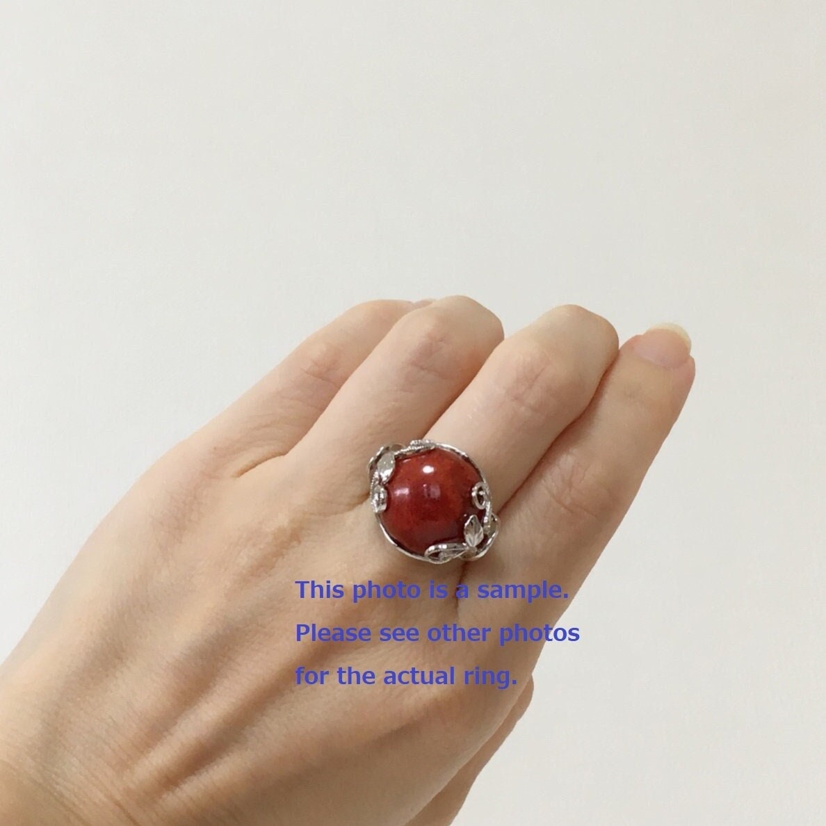 Natural sponge coral half circle silver ring, size is Jp 17, US 8.5, UK Q, IT 57