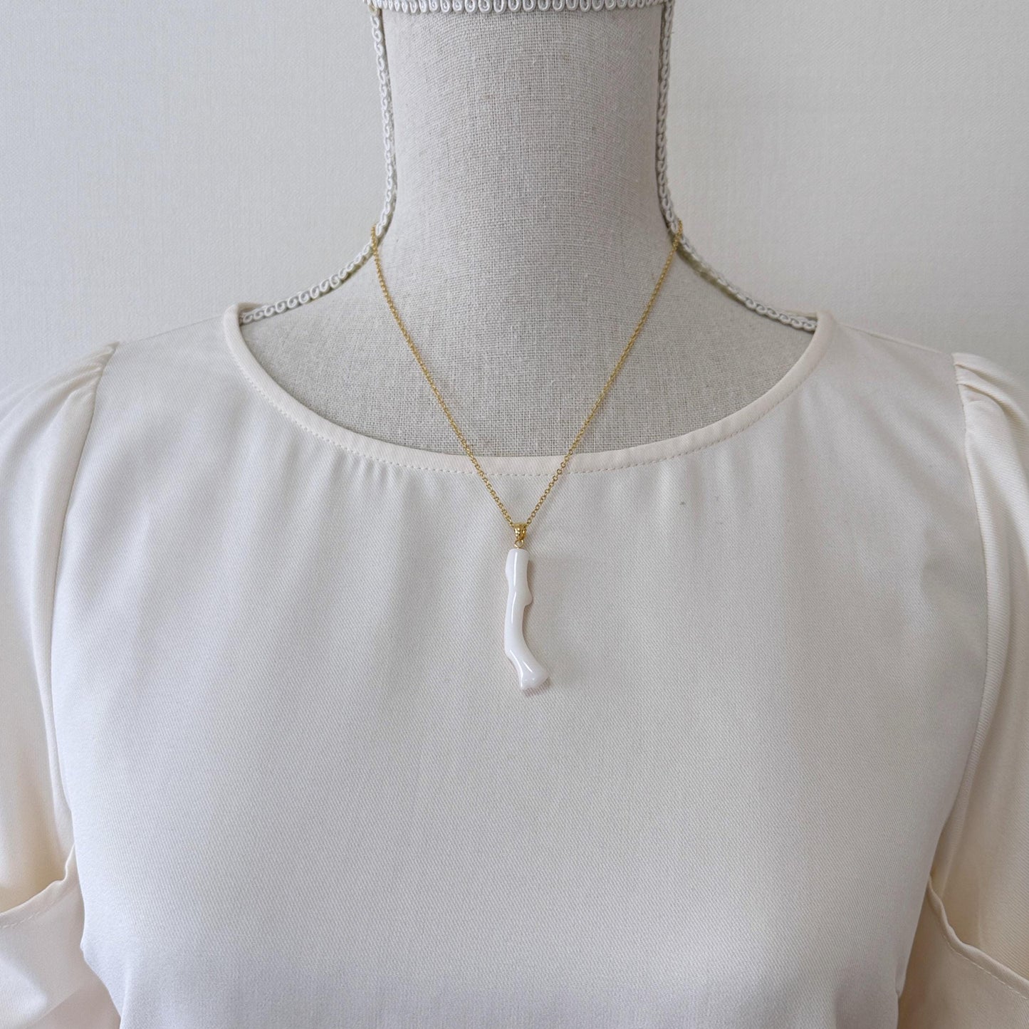 Natural Japanese White Coral Branch Pendant, 44mm, Natural White color genuine precious coral, Silver Bail (Gold-Plated)