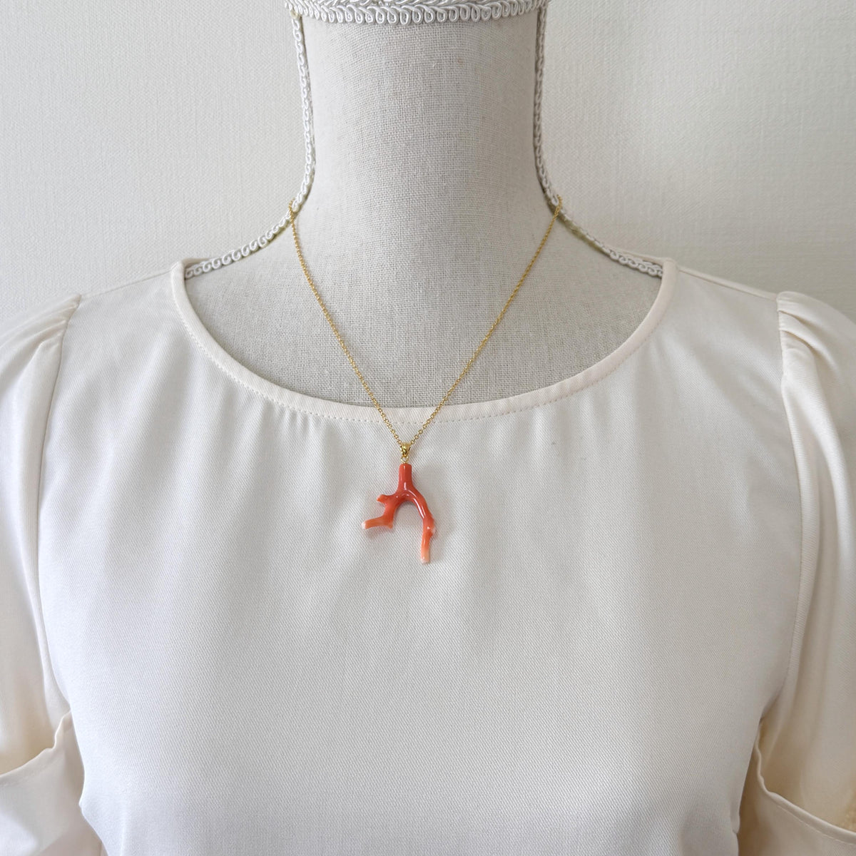 Momo Coral Branch Pendant Natural, Japanese Orange Coral (40mm Length, Silver Gold-Plated Bail, Genuine)