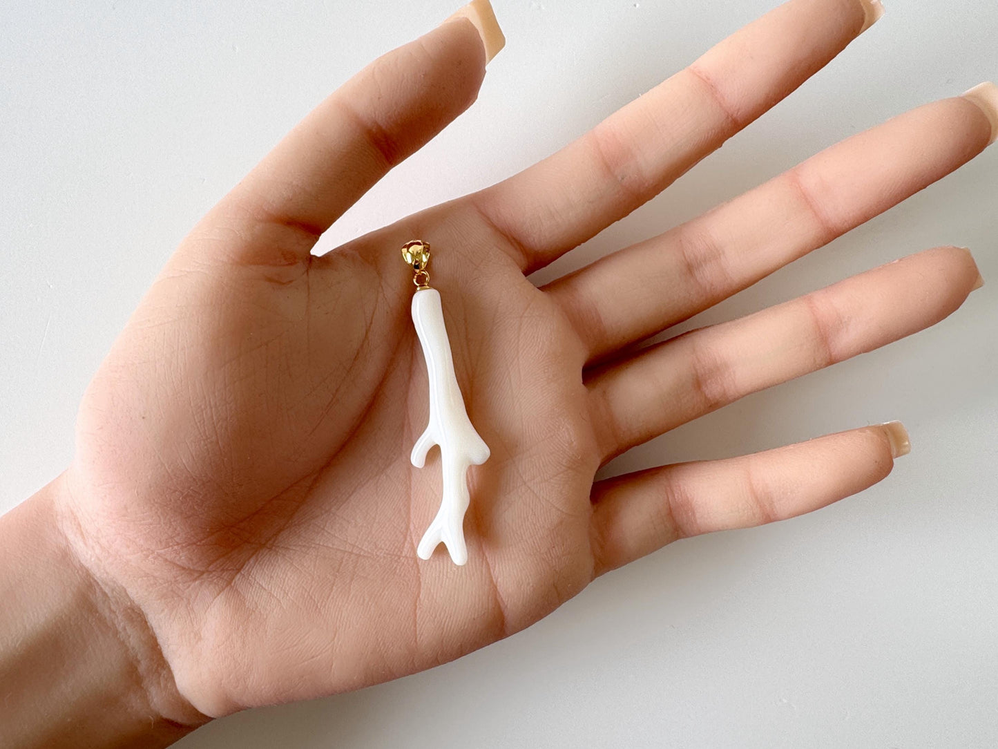Natural Japanese White Coral Branch Pendant, 47mm, Natural White color genuine precious coral, Silver Bail (Gold-Plated)