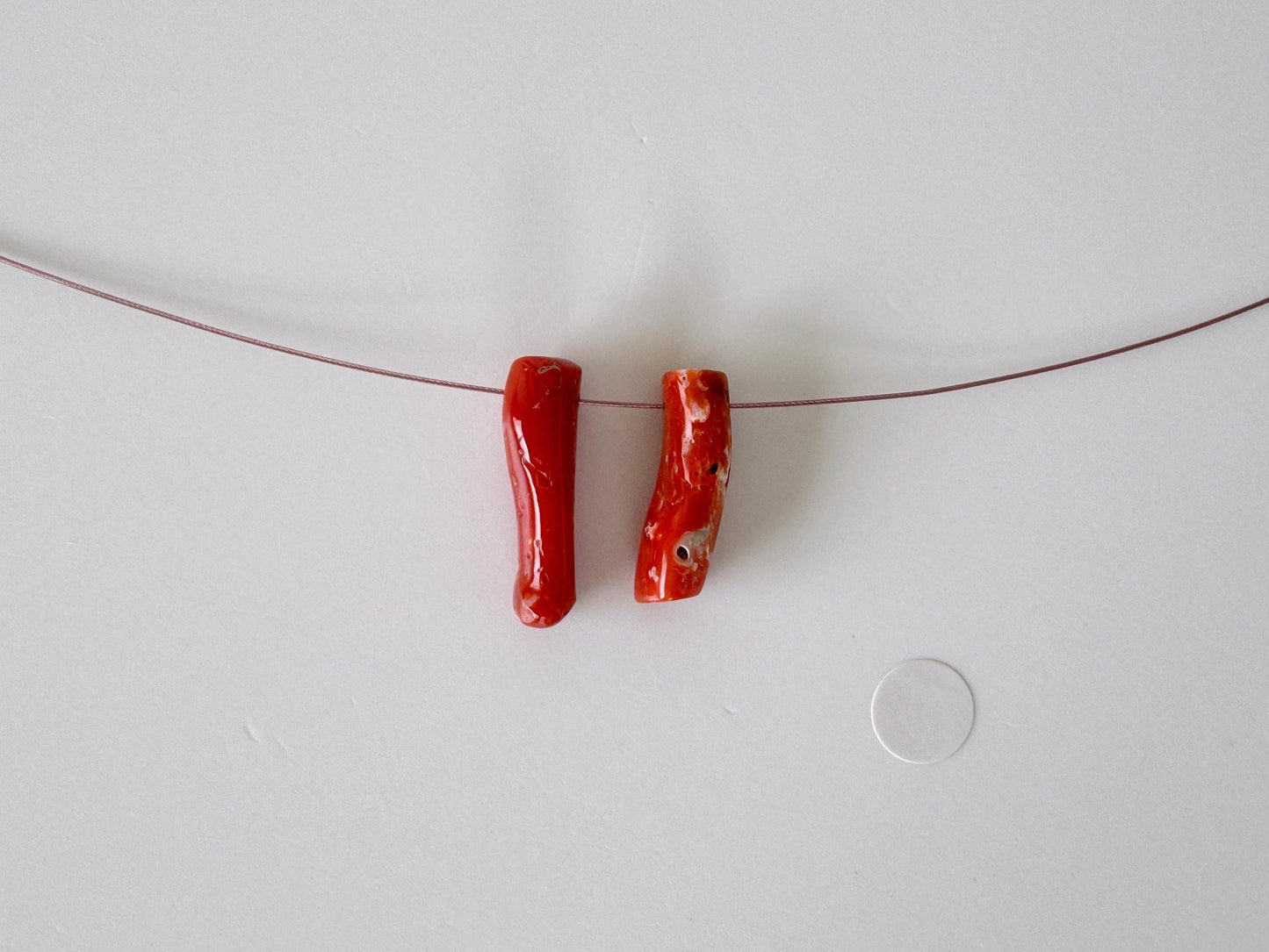 Japanese red(Aka) coral branch set for 2pcs, 18-20mm, side full hole, natural red color coral for jewelry making