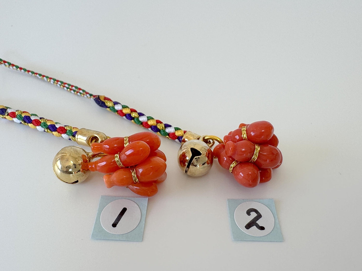 Lucky charm, Natural Aka (red) coral Six Calabash key strap, Netsuke strap, Natural color precious coral