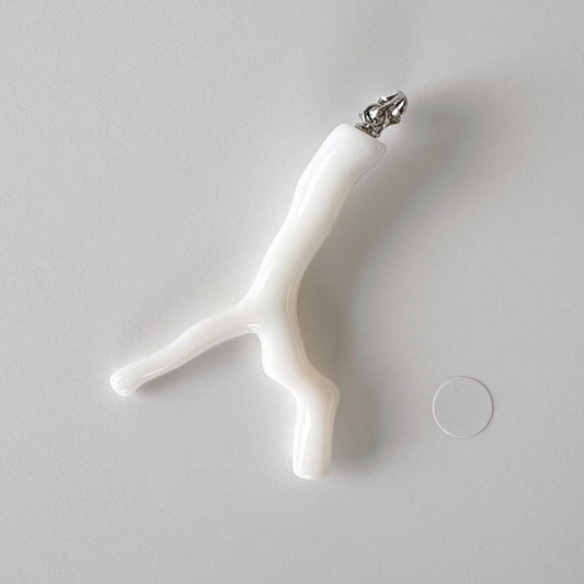 Natural Japanese White Coral Branch Pendant, 45mm, Natural White color genuine precious coral, Silver Bail (Rhodium-Plated)