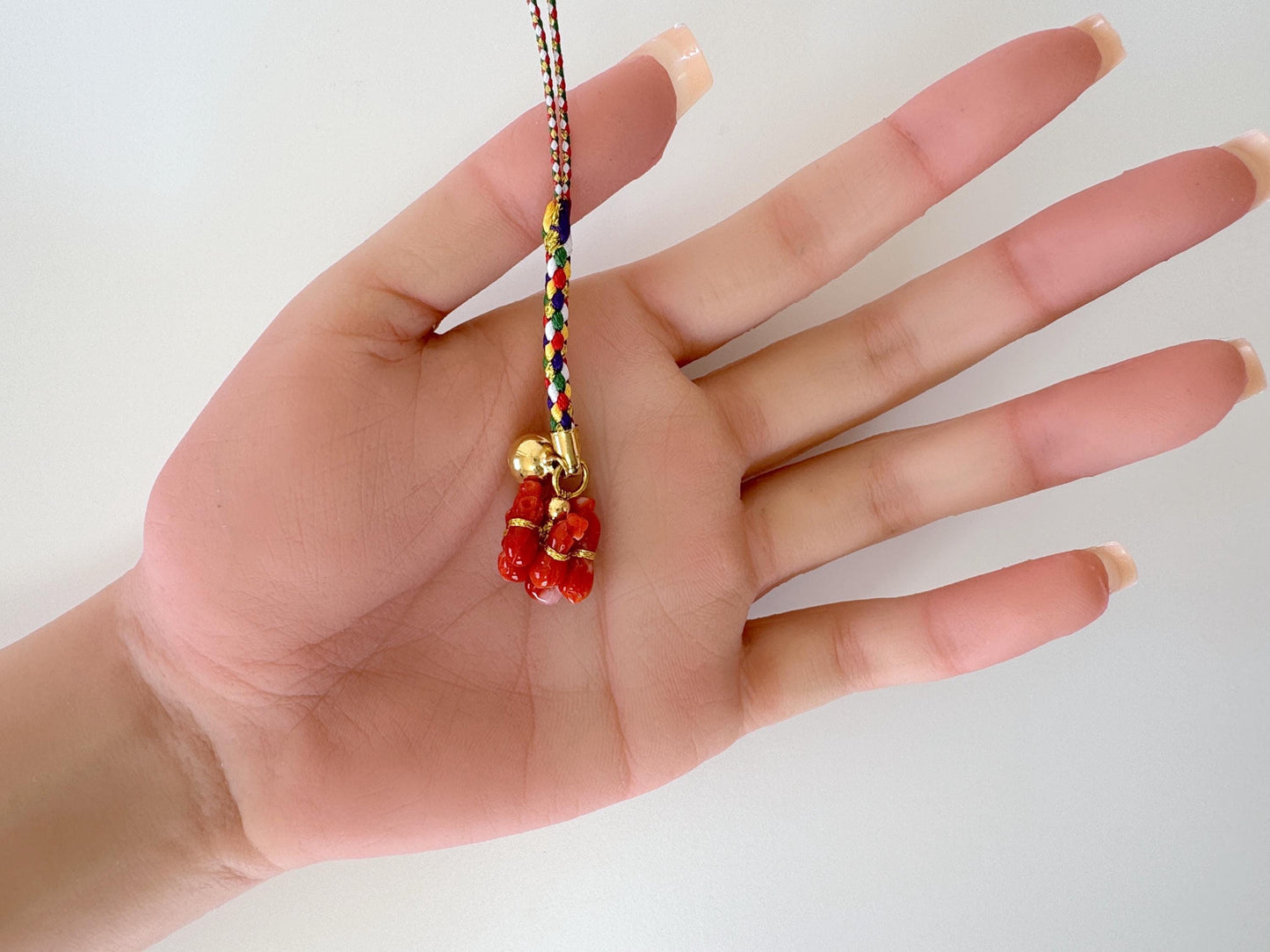 Lucky charm, Natural Aka (red) coral Six Calabash key strap, Netsuke strap, Natural color precious coral