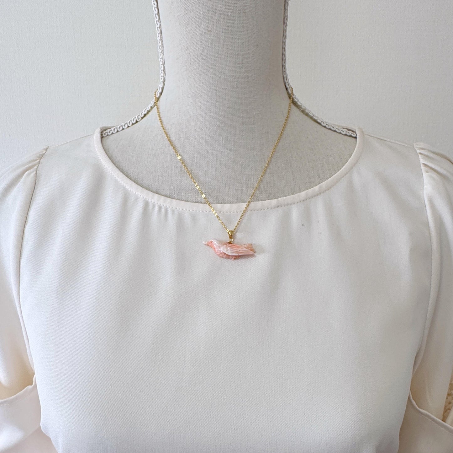 Natural Deep Sea Coral Bird Carving Pendant, Natural Pink Color Coral, Silver (Gold-plated) Bail, Hand Carved