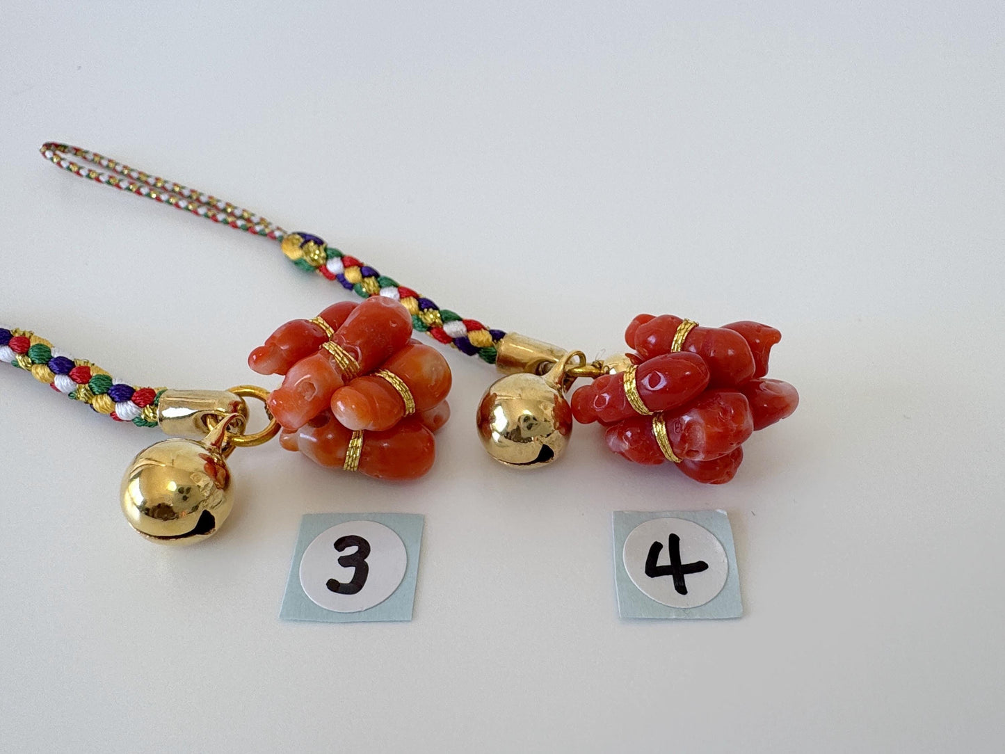 Lucky charm, Natural Aka (red) coral Six Calabash key strap, Netsuke strap, Natural color precious coral