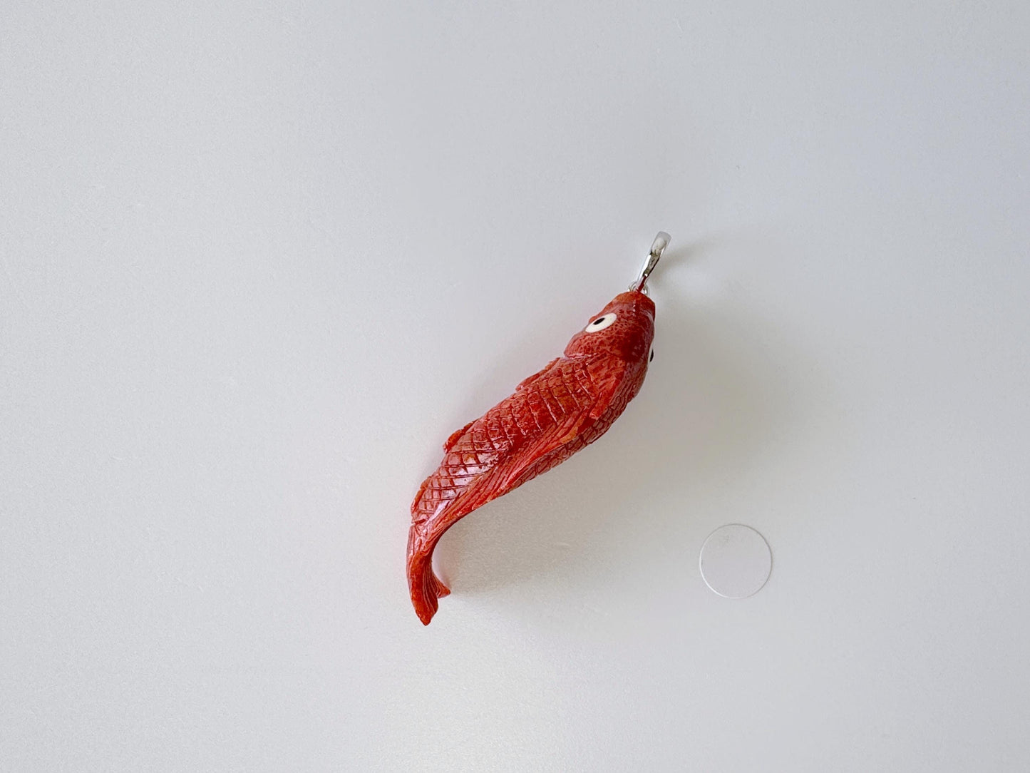 Natural Sponge Coral Carp Carving Pendant, 40mm, Apple Coral Fish Carving, Silver Bail (Rhodium plated)