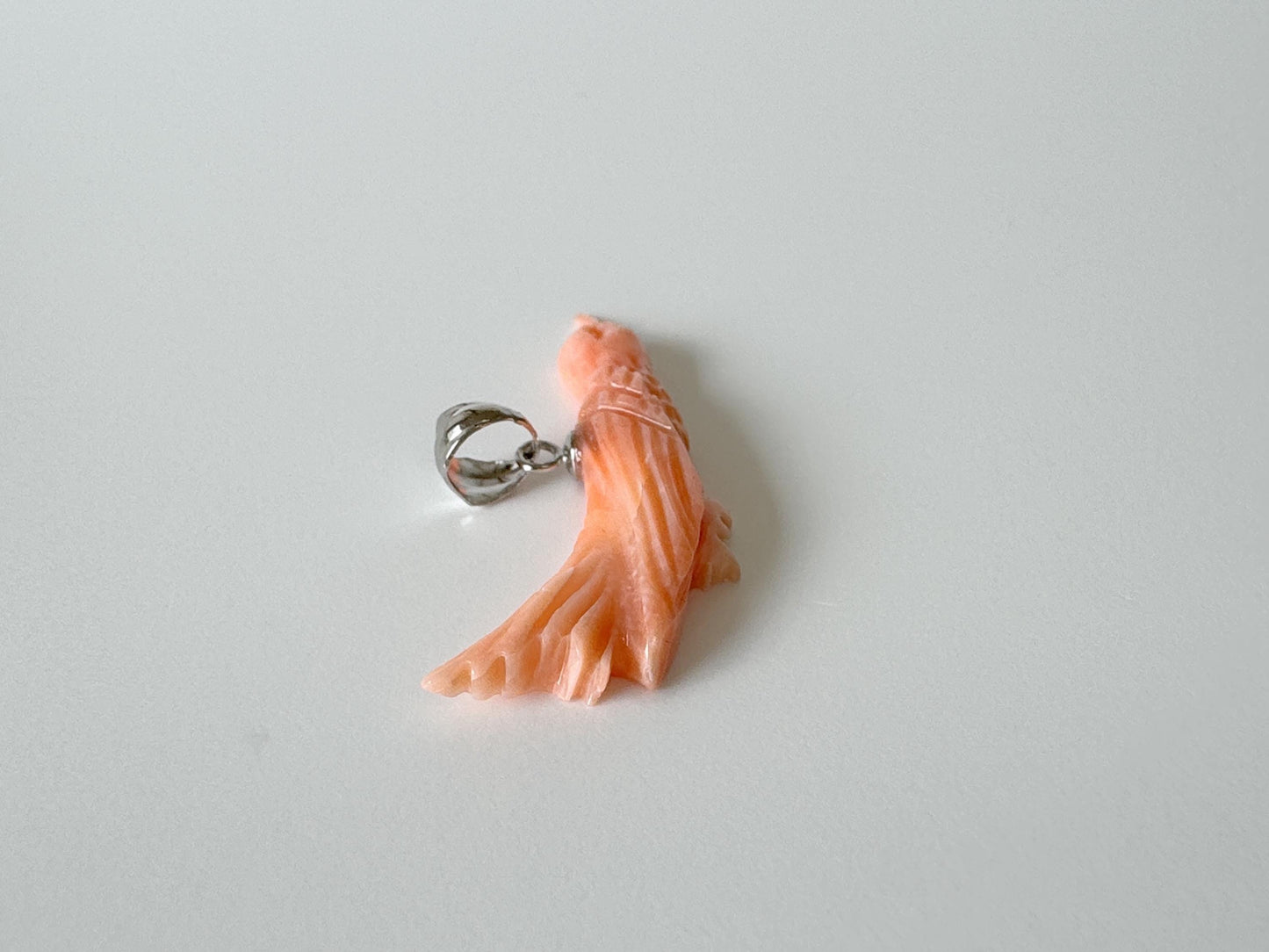 Natural Deep Sea Coral Bird Carving Pendant, Natural Pink Color Coral, Silver (Rhodium-plated) Bail, Hand Carved