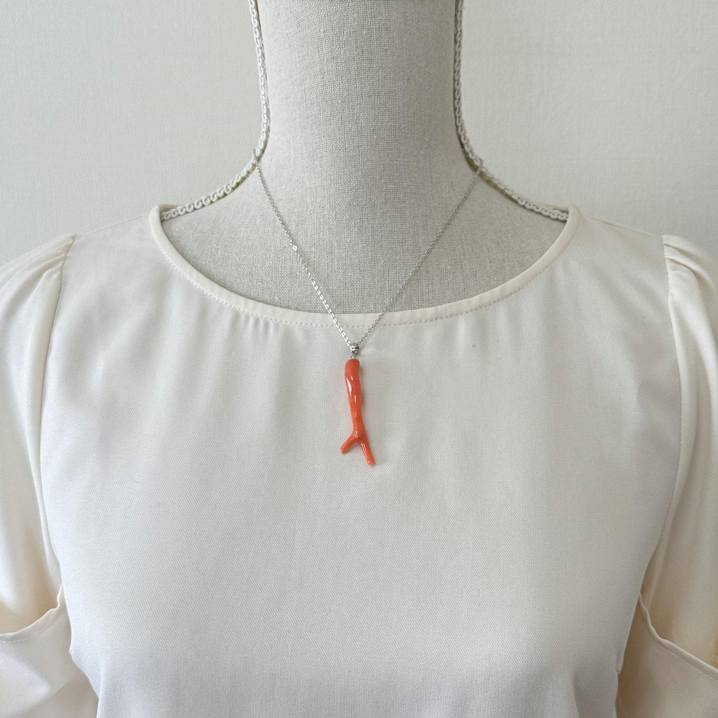 Natural Deep Sea Coral Branch Pendant, 49mm, Natural Orange/Pink color coral branch pendant, Silver (Rhodium-Plated) bail