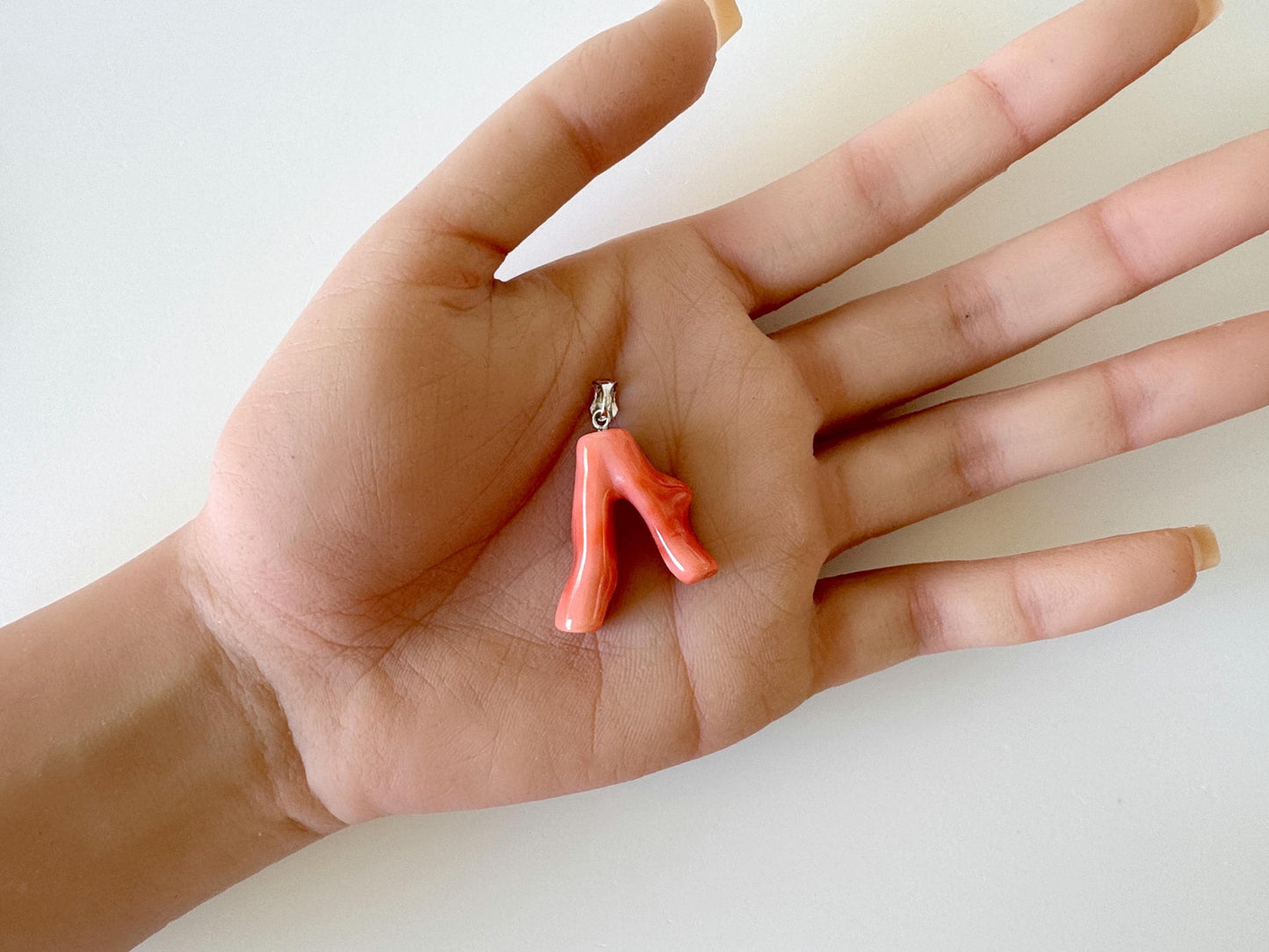 Natural Deep Sea Coral Branch Pendant, 27mm, Natural Pink/Ornge color coral branch pendant, Silver (Rhodium-Plated) bail