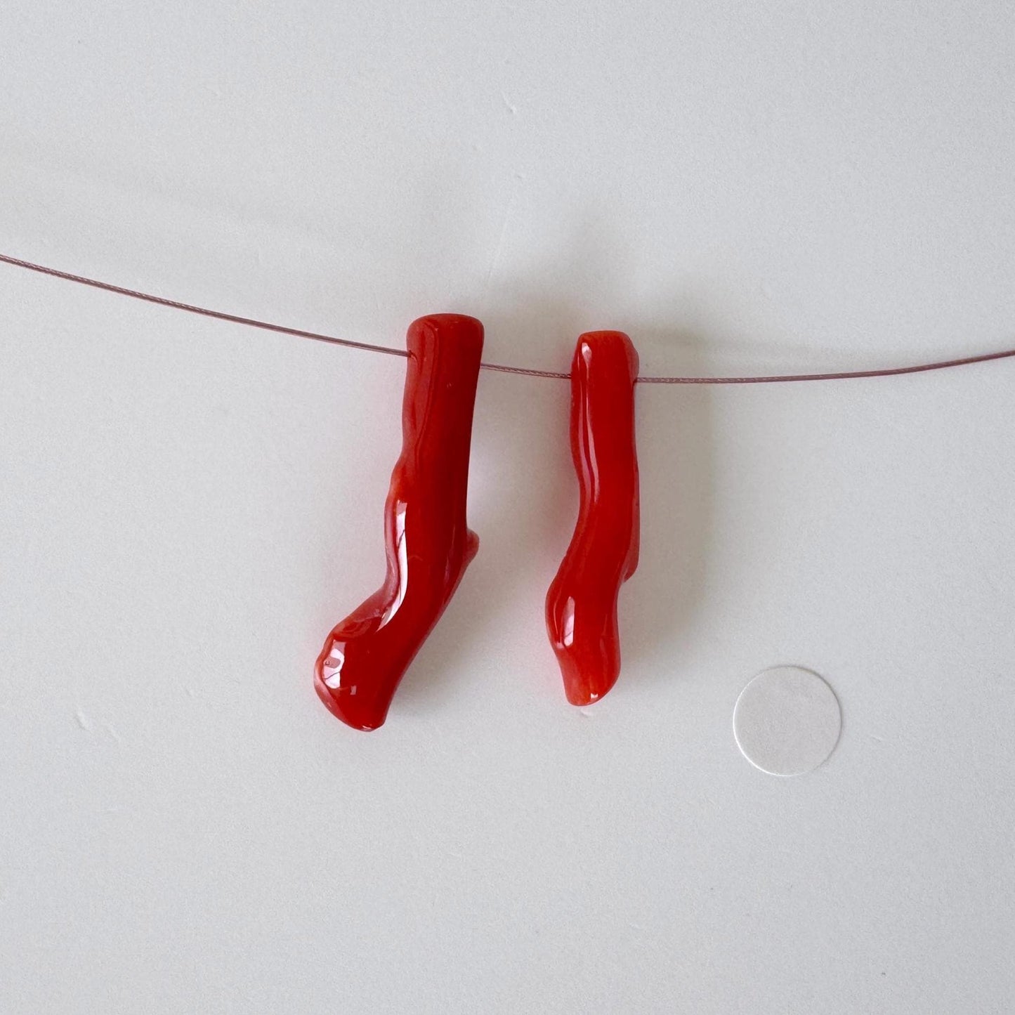 Japanese red(Aka) coral branch set for 2pcs, 27-30mm, side full hole, natural red color coral for jewelry making