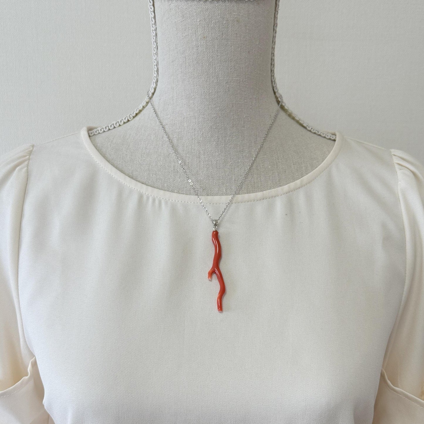Natural Momo coral branch pendant, 60mm, Natural Japanese Orange color coral branch pendant, Silver (Rhodium-Plated) bail