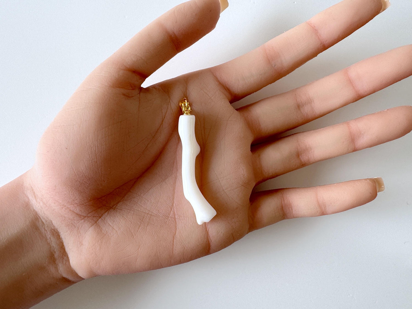 Natural Japanese White Coral Branch Pendant, 44mm, Natural White color genuine precious coral, Silver Bail (Gold-Plated)