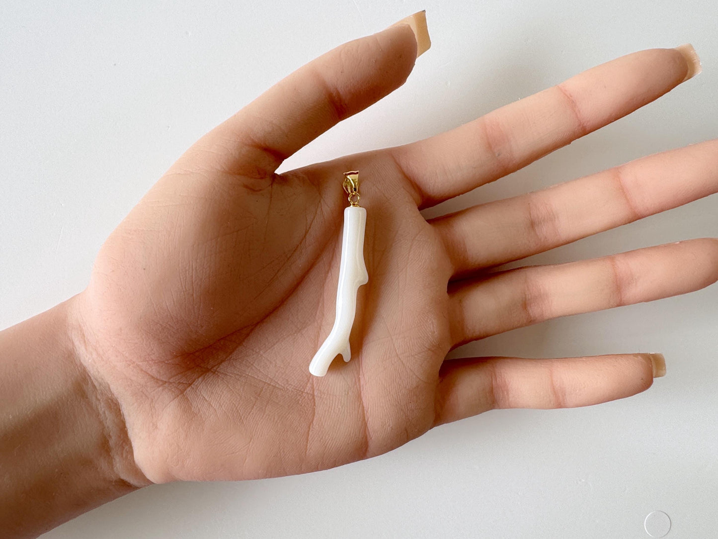 Natural Japanese White Coral Branch Pendant, 41mm, Natural White color genuine precious coral, Silver Bail (Gold-Plated)