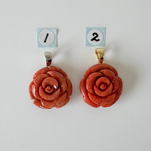 Natural sponge coral rose pendant 20mm, Light red color, Brass bail, Price per piece