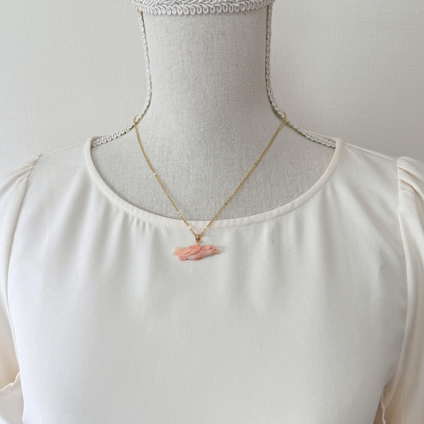 Carved Coral Bird Pendant Natural Jewelry, Pink Deep Sea Coral (35x10.4mm, Gold-plated Silver Bail, Hand Carved)