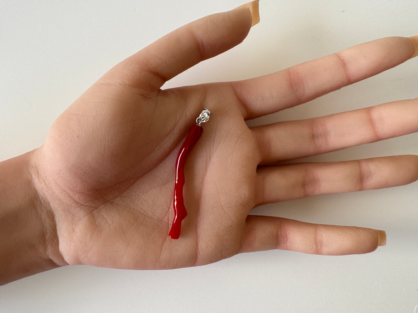 Natural Japanese Red Coral Branch Pendant, Aka Coral Branch, Length 46mm, Natural Color Japanese Red Coral, Silver (Rhodium-plated) Bail