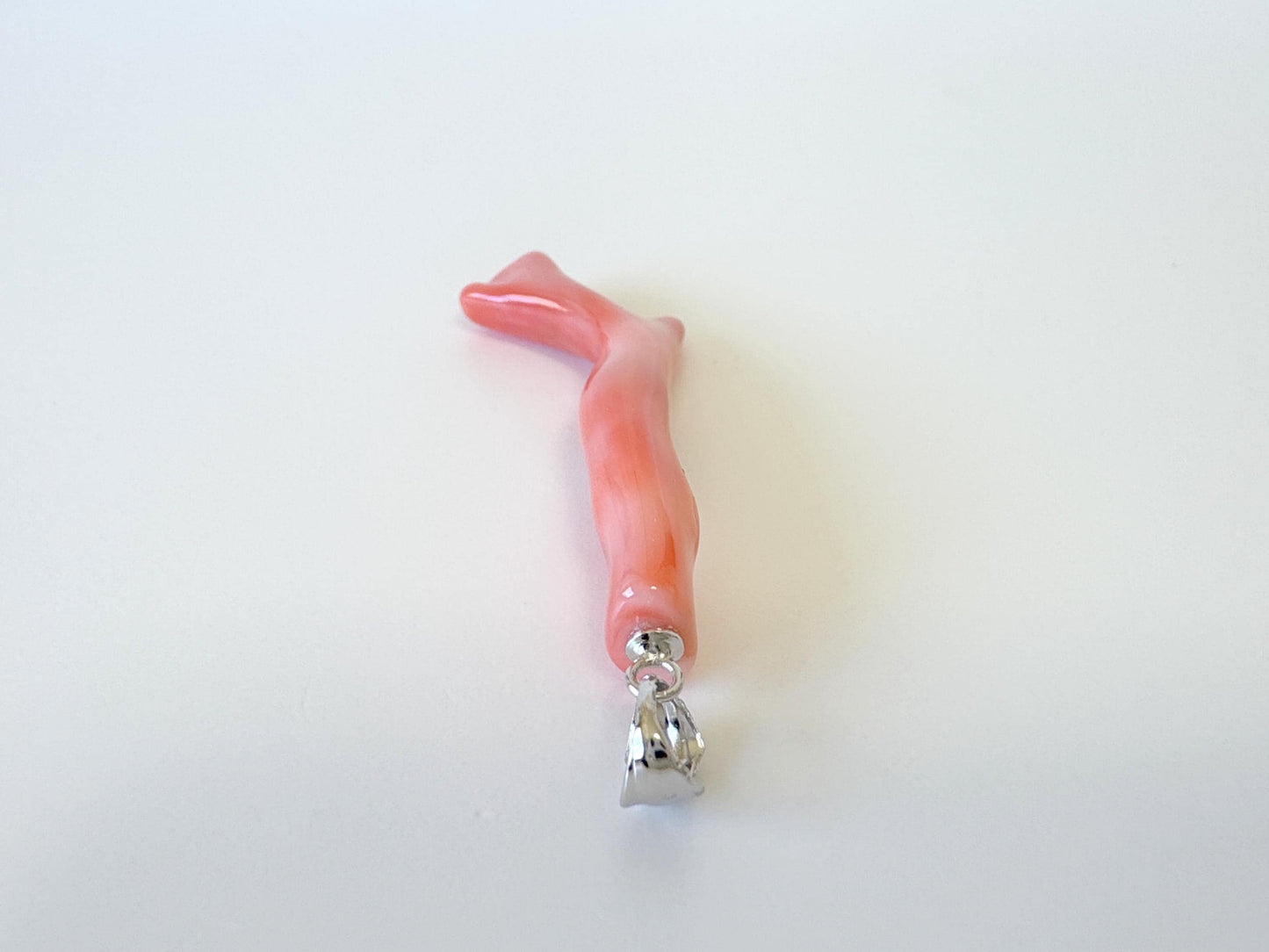 Natural Deep Sea Coral Branch Pendant, 45mm, Natural Orange/Pink color coral branch pendant, Silver (Rhodium-Plated) bail
