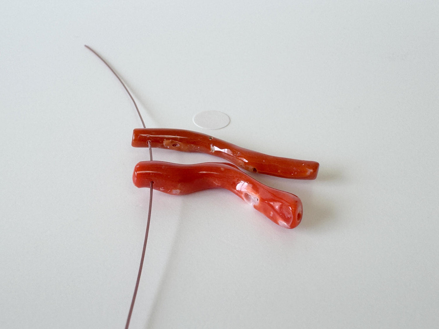 Japanese red(Aka) coral branch set for 2pcs, 28-35mm, side full hole, natural red color coral for jewelry making