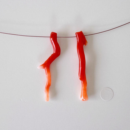 Japanese red(Aka) coral branch set for 2pcs, 40mm, side full hole, natural red color coral for jewelry making