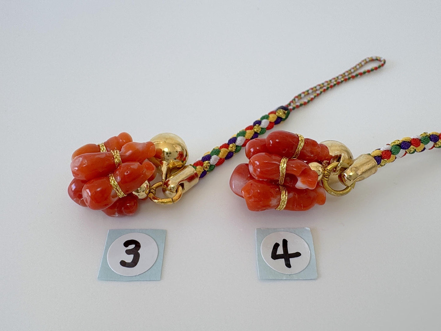 Lucky charm, Natural Aka (red) coral Six Calabash key strap, Netsuke strap, Natural color precious coral