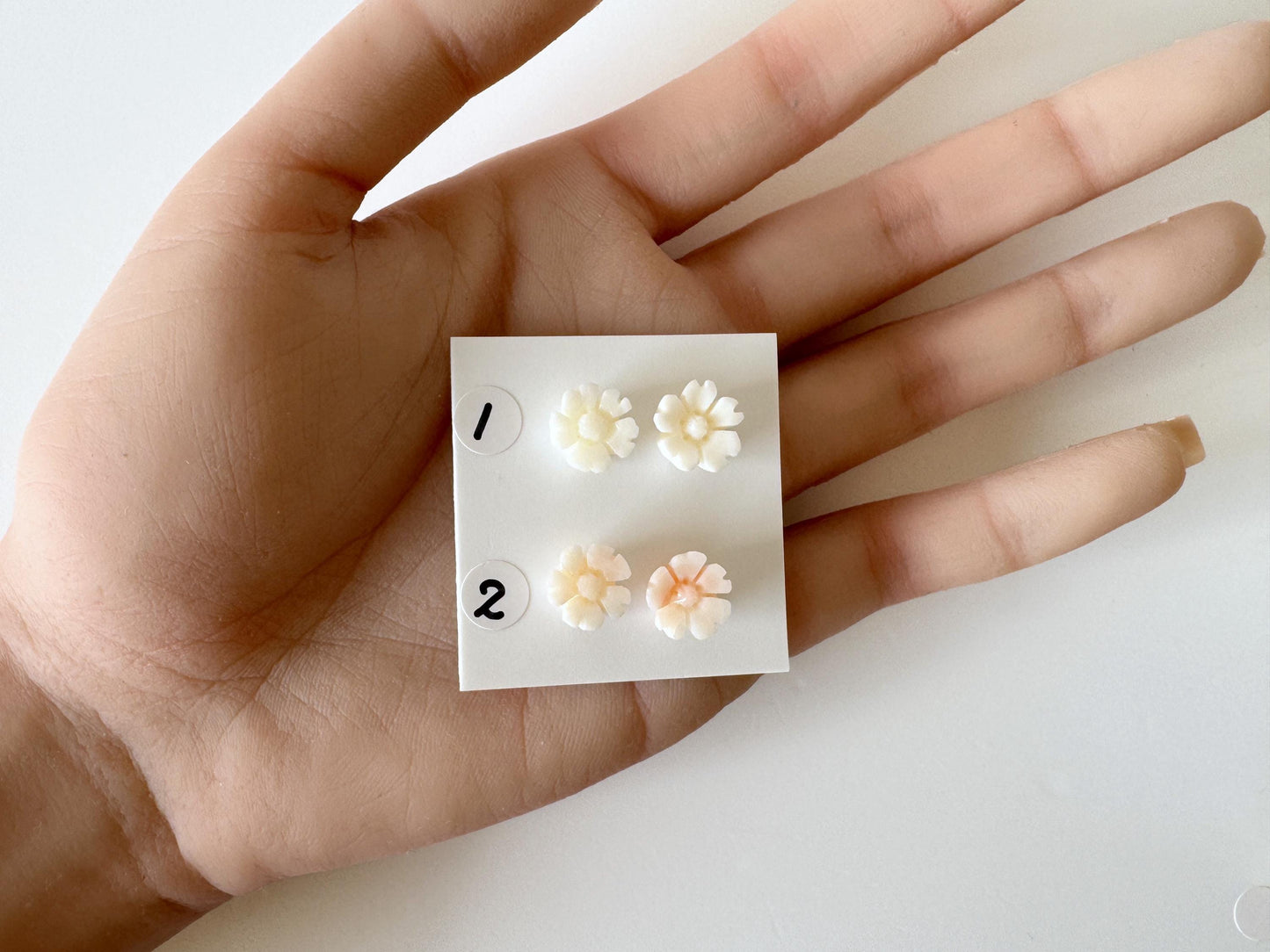 Coral Cherry Blossom Carvings: Natural Deep Sea Coral Sakura Loose Pair, White Pink Tones | 10mm, Half Drilled, Jewelry Making Supplies