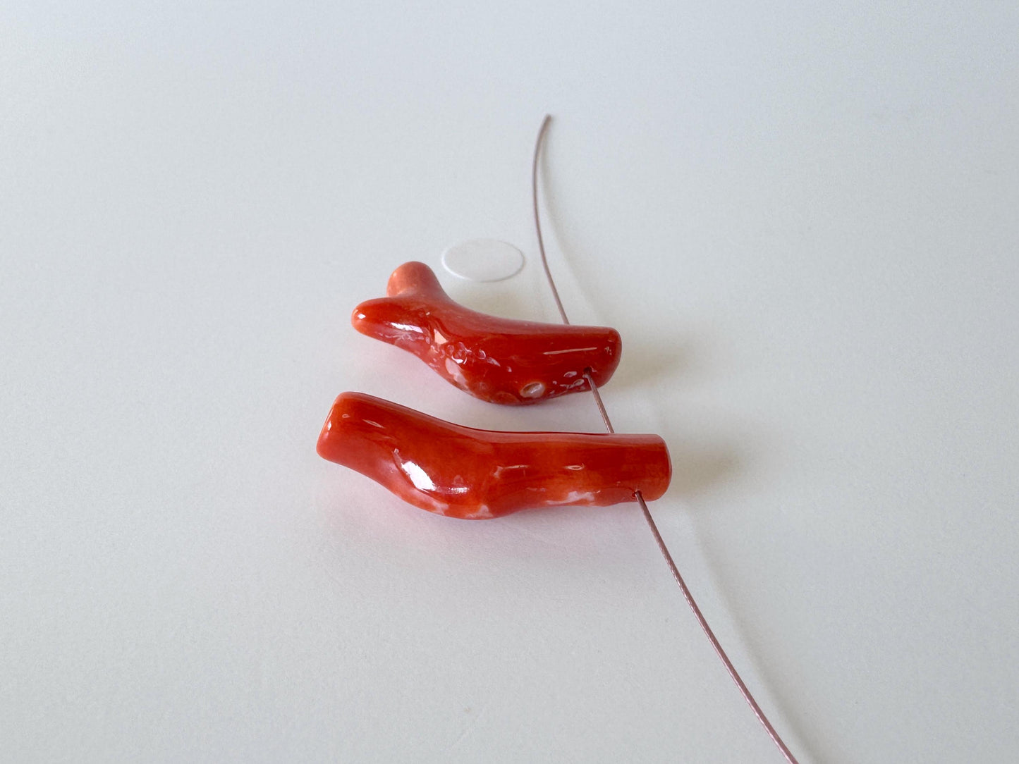 Japanese red(Aka) coral branch set for 2pcs, 23-24mm, side full hole, natural red color coral for jewelry making
