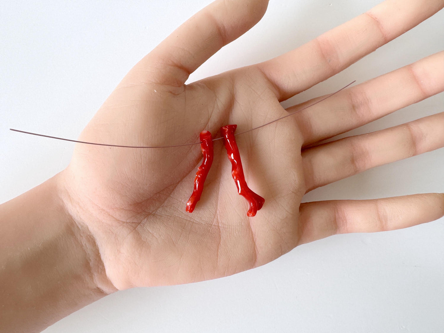 Japanese red(Aka) coral branch set for 2pcs, 30-34mm, side full hole, natural red color coral for jewelry making