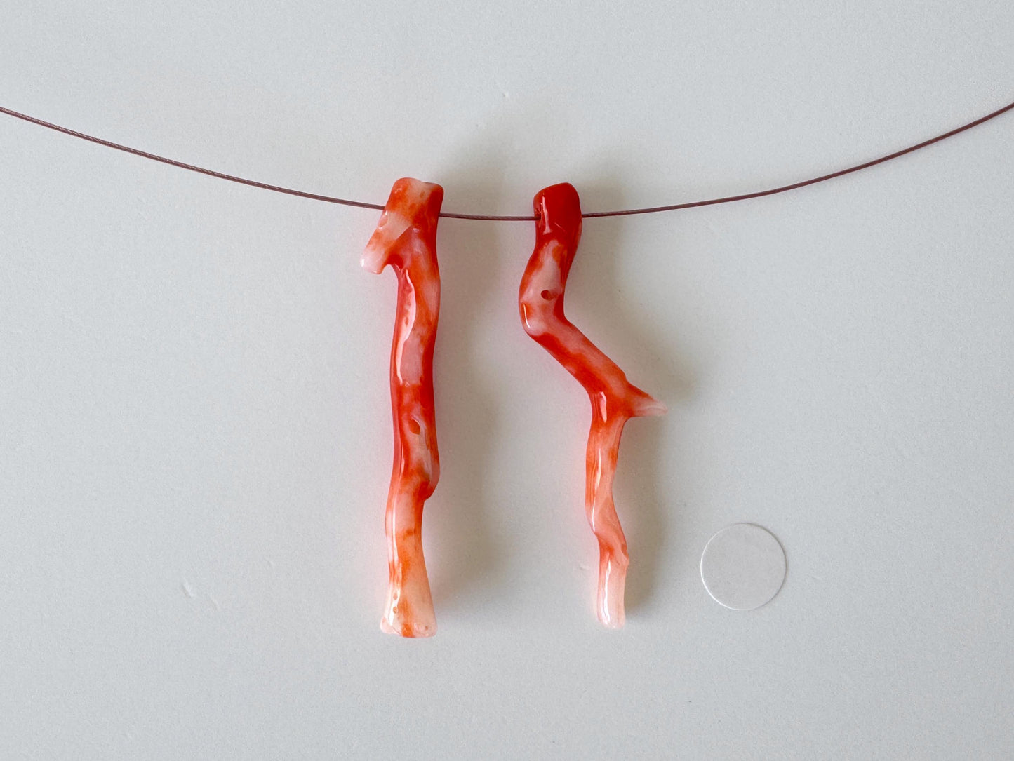 Japanese red(Aka) coral branch set for 2pcs, 40mm, side full hole, natural red color coral for jewelry making