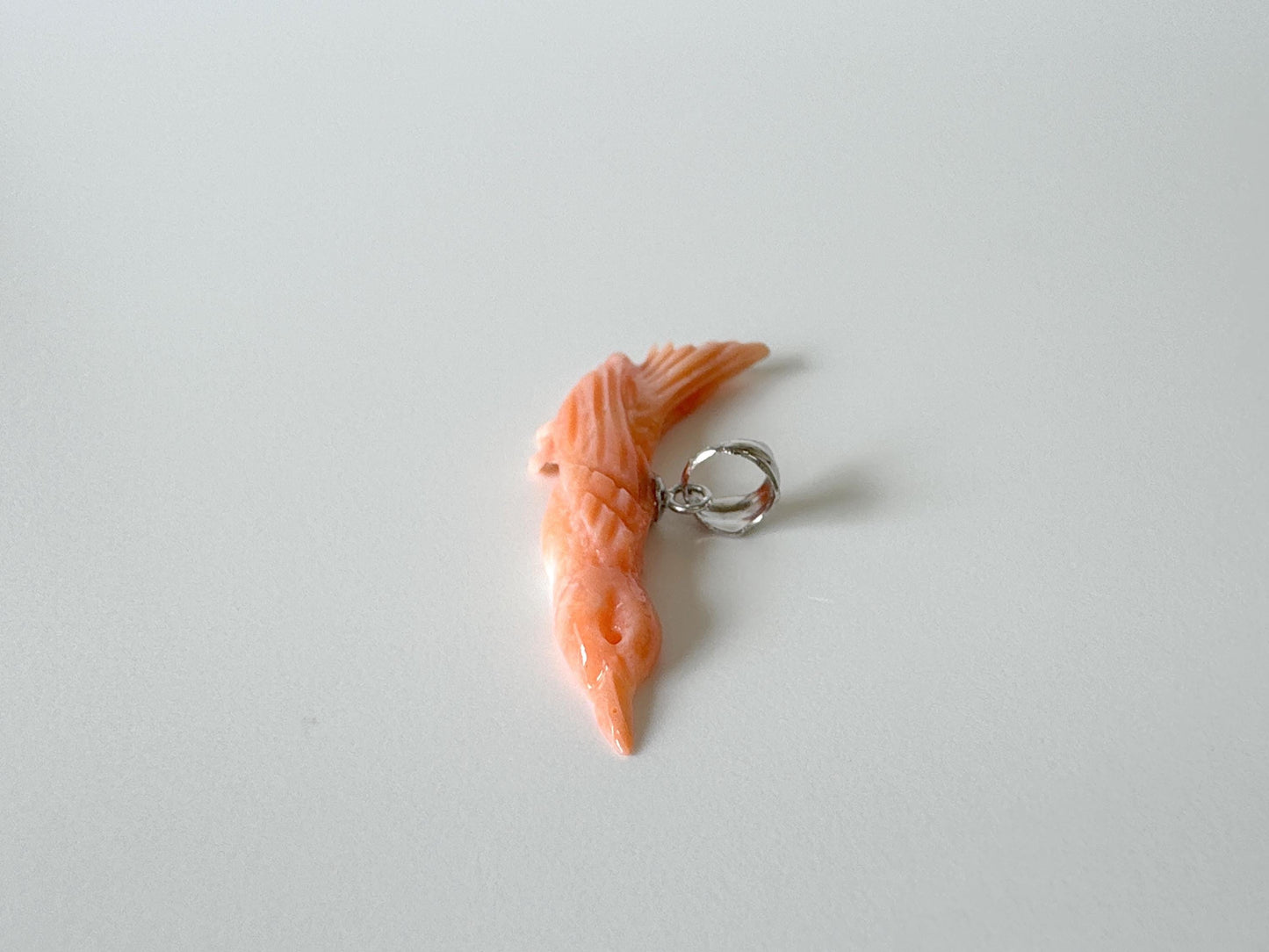 Natural Deep Sea Coral Bird Carving Pendant, Natural Pink Color Coral, Silver (Rhodium-plated) Bail, Hand Carved