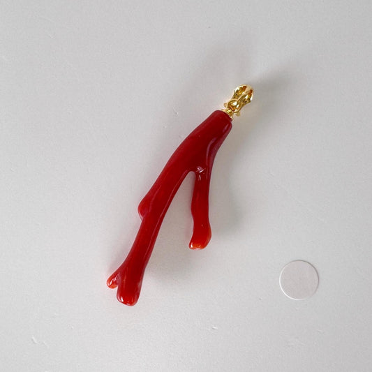 Natural Red (Aka) Coral Branch Pendant, Oxblood, Natural Color Japanese Coral, Length 40mm, Silver bail (gold plated)