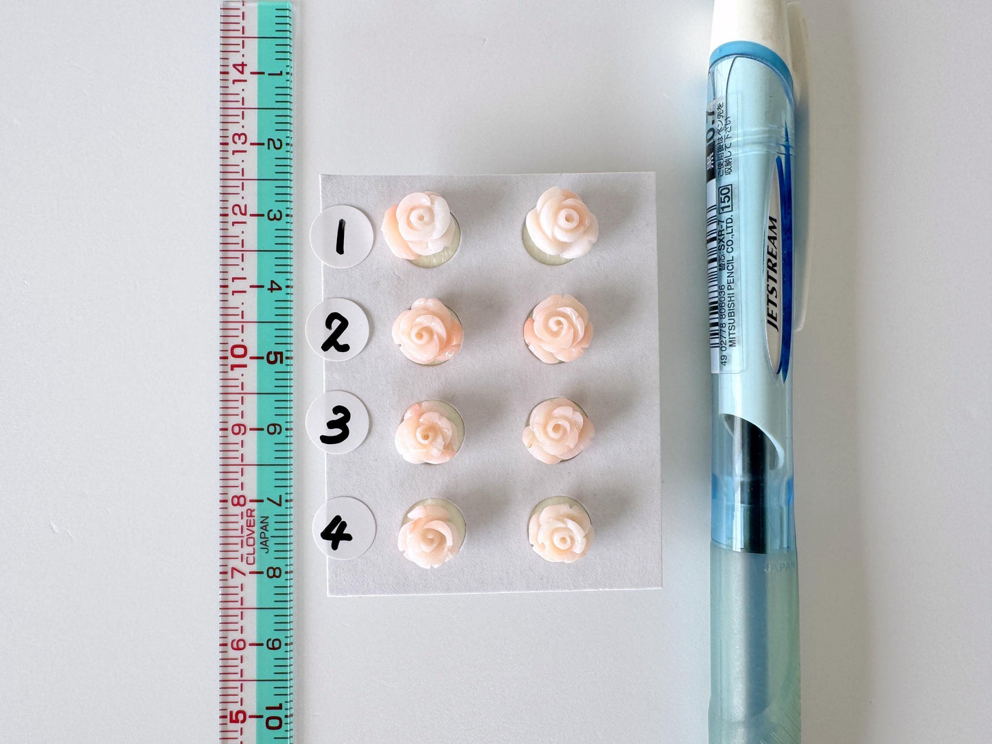 Hand-Carved Coral Rose Stud Earrings: Titanium Posts, Pink & White