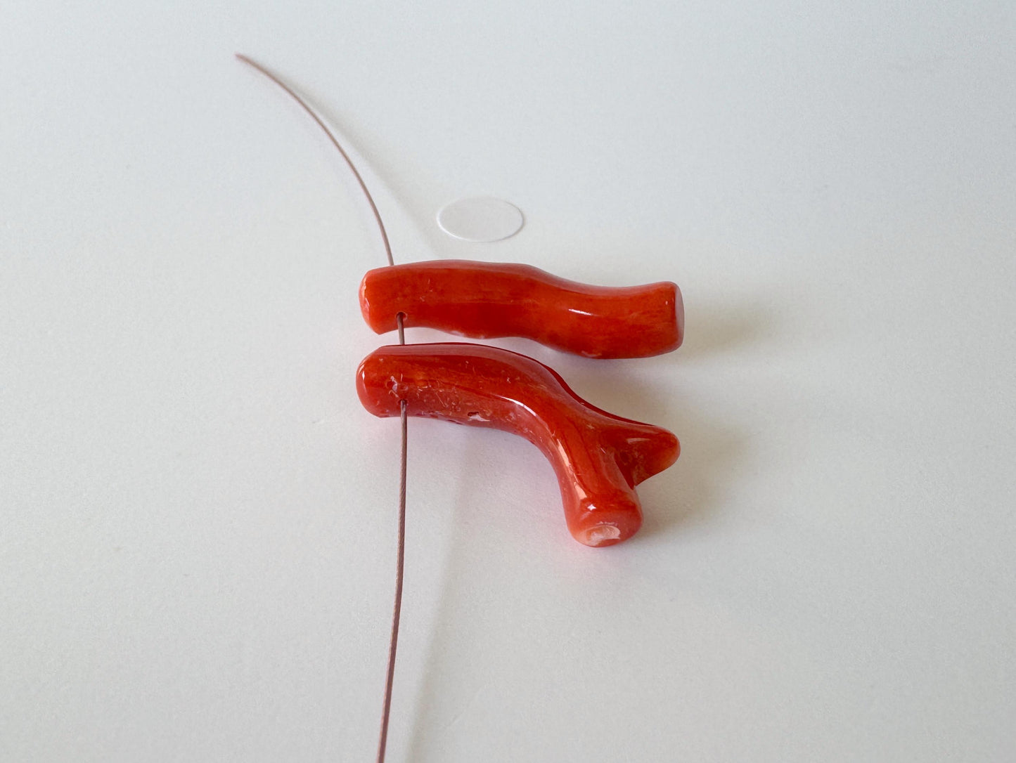 Japanese red(Aka) coral branch set for 2pcs, 23-24mm, side full hole, natural red color coral for jewelry making