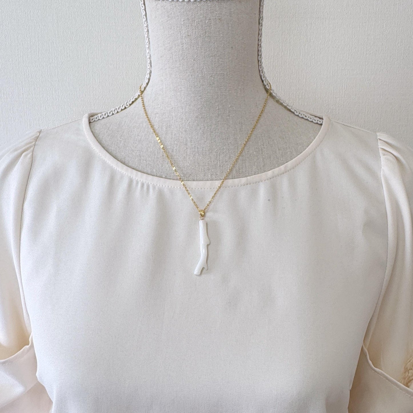 Natural Japanese White Coral Branch Pendant, 41mm, Natural White color genuine precious coral, Silver Bail (Gold-Plated)