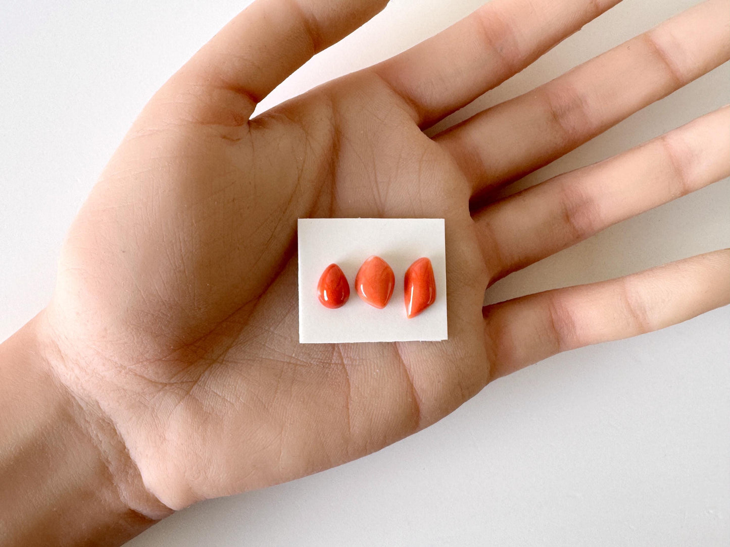 Momo Coral, Japanese Orange Unique Shaped Cabochon Set Of 3, Natural Flat Back - Half-Drilled | 9.2-13 X 6.6-8.2mm