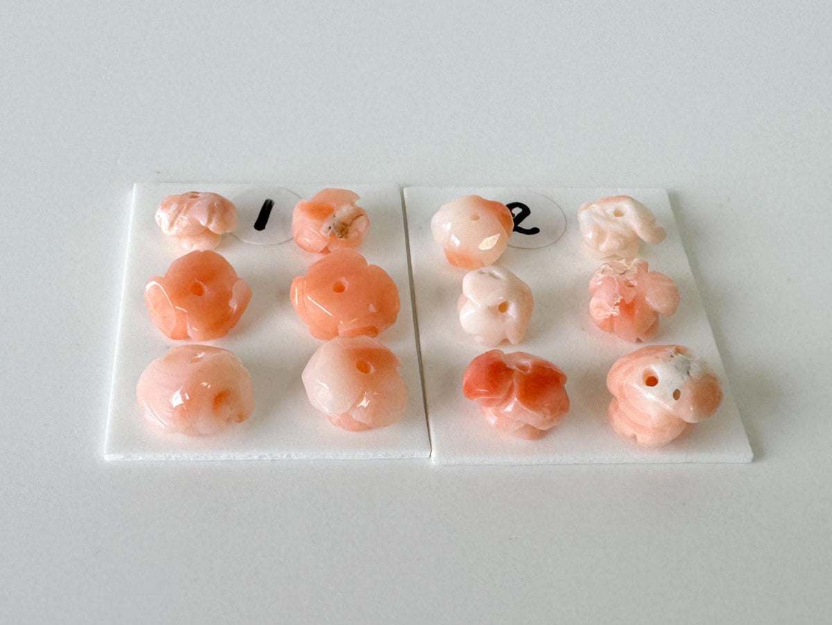 Pink Coral Rose Carvings Handmade Beads, Natural Deep Sea Coral (Value Priced Set, Drilled Holes, 6pcs 7-9mm)