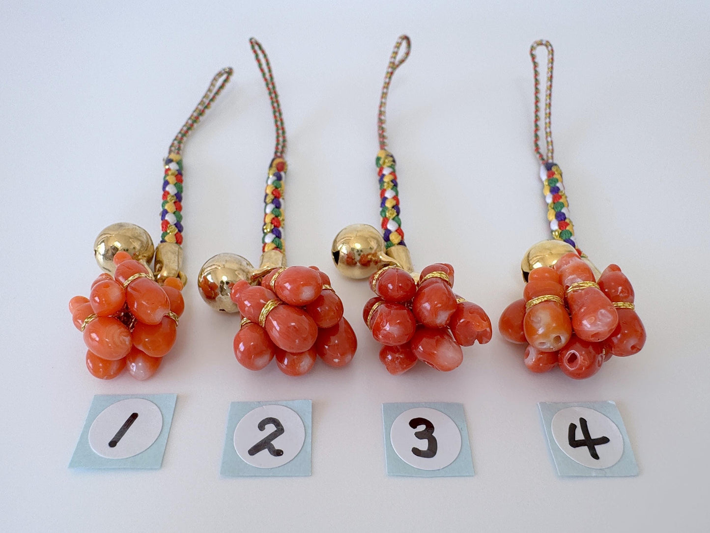 Lucky charm, Natural Aka (red) coral Six Calabash key strap, Netsuke strap, Natural color precious coral