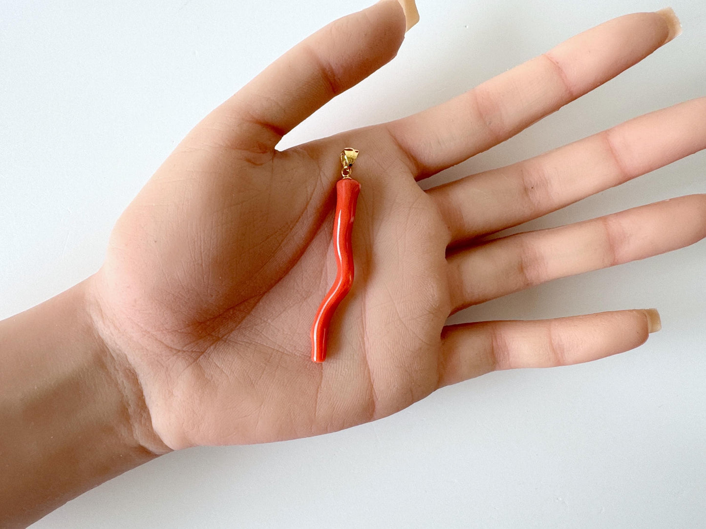 Natural Momo coral branch pendant, 46mm, Natural Japanese Orange color coral branch pendant, Silver (Gold-Plated) bail