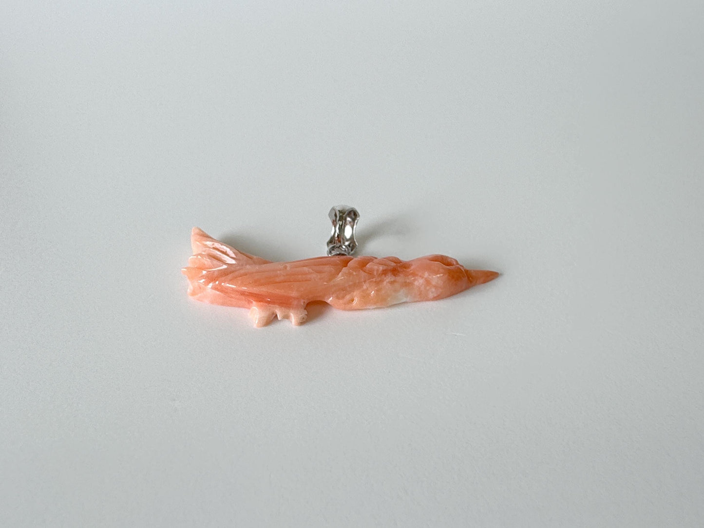 Natural Deep Sea Coral Bird Carving Pendant, Natural Pink Color Coral, Silver (Rhodium-plated) Bail, Hand Carved