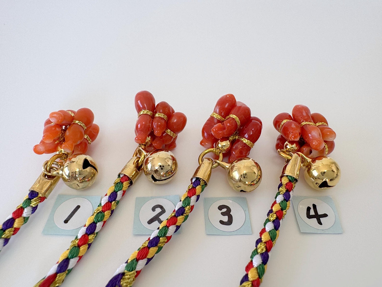 Lucky charm, Natural Aka (red) coral Six Calabash key strap, Netsuke strap, Natural color precious coral
